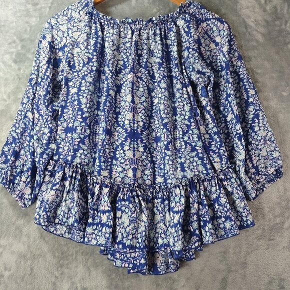 Rebecca Taylor Women 100%Silk Floral Ruffle Hem Top XS Blue Romantic Boho Spring - Picture 6 of 10